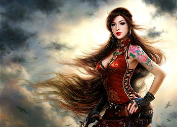 Beautiful pirate, frumusete, pirate, tattoo, girl, wind, fantasy, ruoxing zhang, red, luminos HD wallpaper