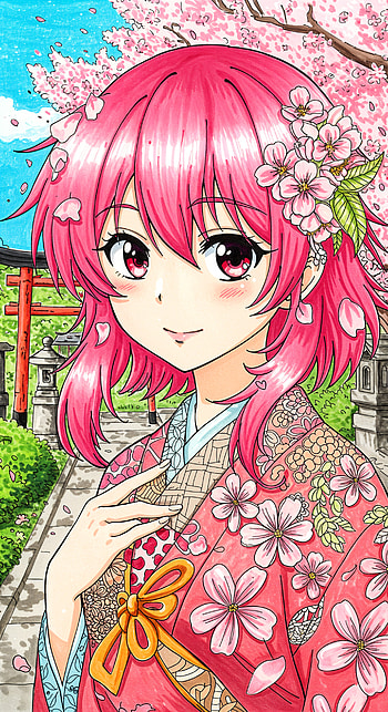Spring Blossom: A Captivating Anime , Anime, kimono, cherry blossom, girl, anime girl HD phone wallpaper