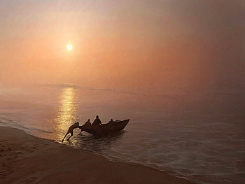 Unknown Shores, landscape, boat, ocean, sunset HD wallpaper