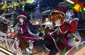 Kinomoto Sakura, Kerberos, Daidouji Tomoyo, bell, card captor sakura, star wand, cute, buildings, snowflakes, wand, tomoyo, kinomoto sakura, snow, santa, kero, kerberos, santa claus, star, daidouji, sakura, kinomoto, blushing HD wallpaper