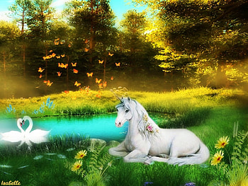 Perfect Sanctuary , Meadow, Trees, Beauty, Butterflies, Nature, Sanctuary, Fantasy, Unicorn, Flowers, Woods, Swans HD wallpaper