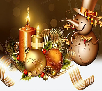 Merry Christmas, two, pine cones, ribbons, snowman, holiday, Christmas, Christmas balls, lights, decorations, ornament, candles HD wallpaper