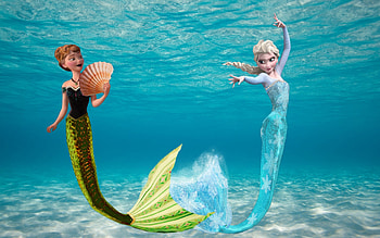Anna and Elsa - Mermaids, blue, mermaid, elsa, fantasydreamtima, underwater, water, anna, sea, frozen, girl, disney, fan, summer, fanart, green, luminos, princess HD wallpaper