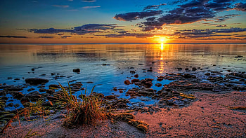Sunrise over Lake Michigan, Jacksonport, Wisconsin, sea, clouds, colors, sky, sun, stones, usa HD wallpaper