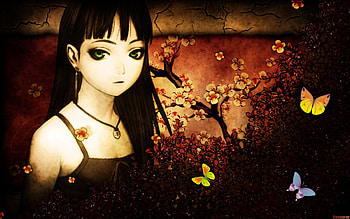 Flower, black, cute, long hair, abstract, butterfly, wing, cherry blossom, female, sexy, wings, hot, girl, black hair, dark, anime girl, anime, sakura, light, sakura blossom, green eye HD wallpaper