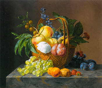 On Display, grapes, berries, marble, colours, fruits, plums, basket, wicker, leaves, peaches, nature, flowers, twigs HD wallpaper