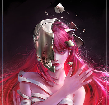 Lucy by NIXEU, frumusete, art, nixeu, girl, hand, pink, fantasy, face, lucy, luminos, hair HD wallpaper