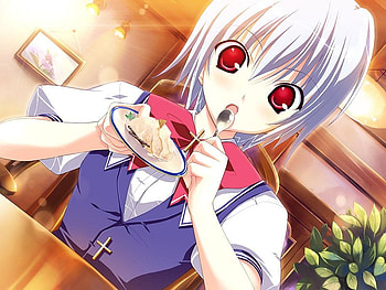 Kuu Mikeou, anime girl, white, red, food HD wallpaper