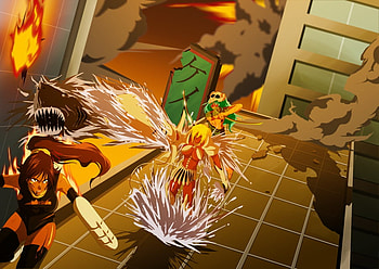 Bleach Battle, shihouin yoruichi, purple hair, flames, fight, halibel, bleach, arrancar, tia halibel, yoruichi, neliel tu oderschvank, yoruichi shihouin, weapons, swords, anime, battle, smoke, espada, green hair, neliel, fire HD wallpaper