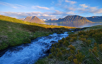 Iceland, landscape, sky, creek, mountains, clouds HD wallpaper