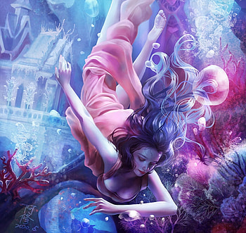 Underwater, pink, fantasy, dreamingfire rotheus, girl, luminos, bubbles, water, blue, dreamingfire, rotheus HD wallpaper