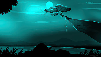 Teal Landscape With Tree, tree, mountain, artist, artwork, art, digital-art HD wallpaper