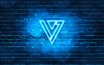 Seventeen blue logo, , K-pop, music stars, blue brickwall, Seventeen logo, brands, K-Pop Boy Band, Seventeen neon logo, Seventeen HD wallpaper