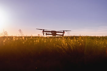 A drone flies over a field during sunset, capturing stunning aerial views. HD wallpaper