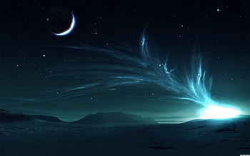 Midnight Horizon, night, horizon, hills, clear sky, midnight, stars, moon, northern light, light, snow, meteor HD wallpaper