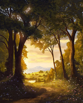 Landscape, Trees, Art, Shine, Light, Path HD phone wallpaper