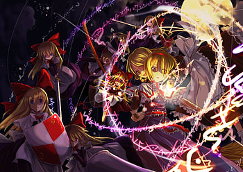 touhou, full moon, magic, red ribbon, alice margatroid, shanghai, moon, red, blonde hair, kirisame marisa, sorano eika HD wallpaper