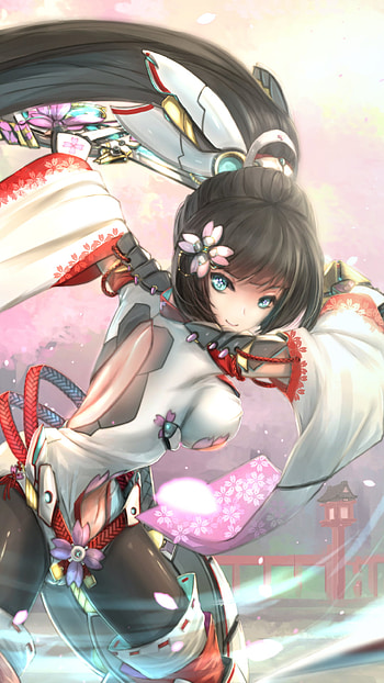 blue eyes, black hair, long hair, katana, Anime, Original HD phone wallpaper
