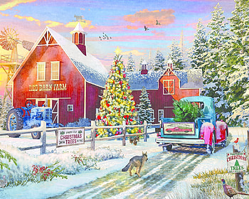 Red Barn Tree Farm, artwork, winter, painting, car, snow, christmas, trees HD wallpaper