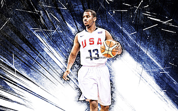 Chris Paul, grunge art, USA Basketball Mens National Team, Christopher Emmanuel Paul, basketball, US mens national basketball team, blue abstract rays, Chris Paul HD wallpaper