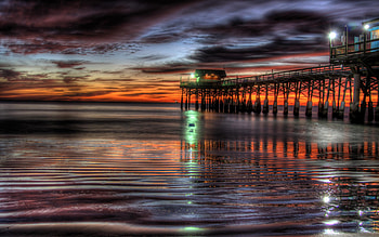 Sunset, colorful, colors, pier, peaceful, beauty, beach, waves, reflection, ocean, sea, beautiful, lights, view, clouds, nature, sky, lovely, splendor HD wallpaper