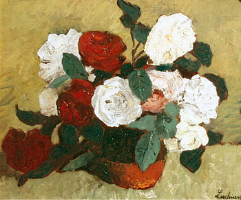 Roses, white, art, vase, still life, painting, romania, stefan luchian, red, peasant pot HD wallpaper