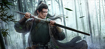 Fighter, frumusete, sword, asian, art, man, gorgeous, bamboo, yi shuangxi, superb, wind, fantasy, leaf, katana, forest, swird HD wallpaper