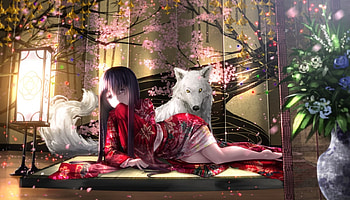 Kaguya, dog, japanese, kimono, japan, girl, oriental, anime, touhou, game, manga HD wallpaper