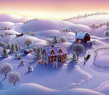 Farmyard Winter, artwork, barn, painting, snow, house, landscape HD wallpaper