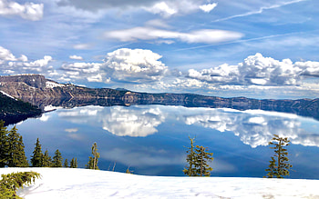 Crater Lake National Park, Oregon, water, reflections, usa, clouds, sky, rocks HD wallpaper