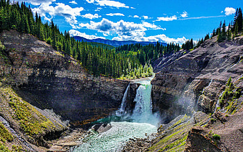 Ram River Falls, Alberta, mountains, rocks, canada, clouds, landscape, sky HD wallpaper