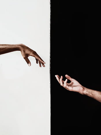 Two hands reaching across a stark black and white divide, symbolizing connection and unity. HD phone wallpaper