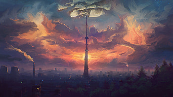 Cityscape, clouds, city tower, fantasy HD wallpaper