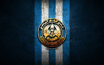 Al-Riffa FC, golden logo, Bahraini Premier League, blue metal background, football, Bahraini football club, Al-Riffa logo, soccer, Riffa SC, Al-Riffa SC HD wallpaper