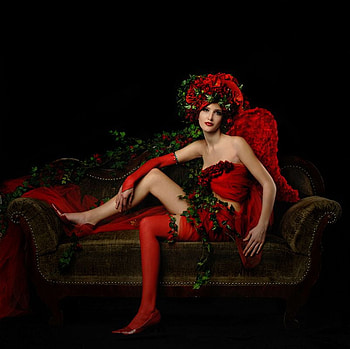 MUSE.., chair, wings, red, flowers, dress, woman, beauty, tights HD wallpaper