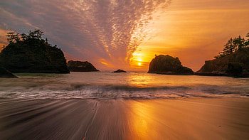 Beautiful Sunset Secret Beach, Oregon Coast, clouds, sky, sun, rocks, usa HD wallpaper