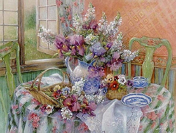 Flowers from the Garden, table, window, art, floral, beautiful, jug, basket, pretty, lena liu HD wallpaper