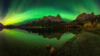 Northern Lights Reflecting On Rundle Forebay Canmore Canada, northern-lights, canada, aurora, lake, mountains, tree, trees, star, nature HD wallpaper