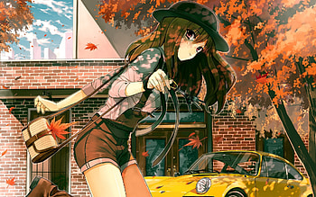 Autumn girl anime yellow car tree sunlight | | 506107 | UP HD wallpaper