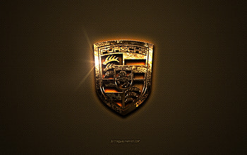 Porsche golden logo, artwork, brown metal background, Porsche emblem, Porsche logo, brands, Porsche HD wallpaper