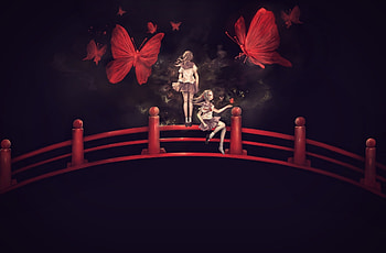 Bridge, anime girls, minimal, butterfly HD wallpaper
