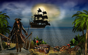 *Jack Sparrow treasure island*, island, treasures, boxes, black ship, moonlight, sparrow, moon, pirates, chests, seascapes, wheel, movies themes, jack, hq, sailboat, black pearl, johnny depp, fantasy, pirates of the caribbean, trunks, parrot HD wallpaper