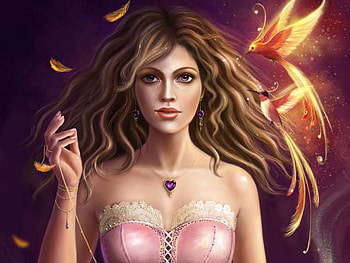Birds of Paradise, birds, feathers, gem, eyes, paradise, beautiful, dress, chain, pink, lady, fantasy, fire, lovely HD wallpaper