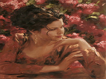 painting, waiting, lady, flowers HD wallpaper
