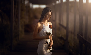 Girl With Rose In Hand, girls, model, rose, flowers, white-dress, dress HD wallpaper