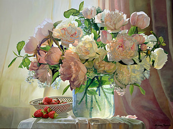 Peonies and strawberries, zbigniew kopania, strawberry, bujor, art, peony, vase, still life, pink, painting, pictura, red, flower, fruit, capsuni HD wallpaper