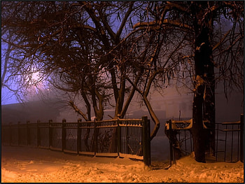 Cold Winter Evening, moonlight, snow, gate, fence, trees, romantic, walk HD wallpaper
