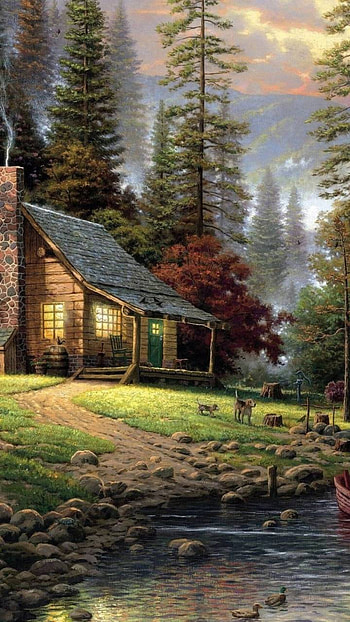 Cabin on the Lake, tree, cabin, artistic, painting HD phone wallpaper
