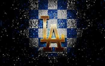 Los Angeles Dodgers emblem, glitter logo, MLB, blue white checkered background, american baseball team, Major League Baseball, mosaic art, baseball, Los Angeles Dodgers, LA Dodgers HD wallpaper