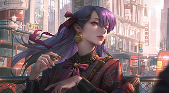 Girl, fantasy, jjgg, purple, art, face HD wallpaper